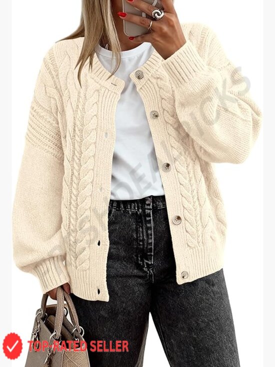Sweaters - Chunky Cable Knit Cardigan Oversized Loose Fit Button Front Cozy Winter Sweater